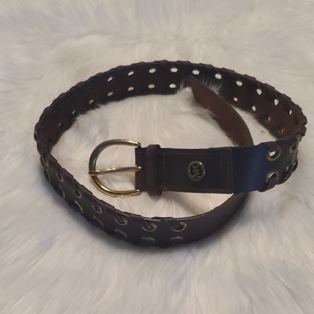 Michael Kors Brown Leather Belt with Grommets Antique Gold Buckle Size M